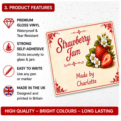 Personalised Strawberry Jam Jar Labels – 21 Premium Gloss Vinyl Stickers