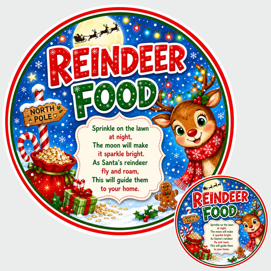48 Christmas Reindeer Food Stickers – 40mm Round Labels – Kids Christmas Eve Treat Bag Labels