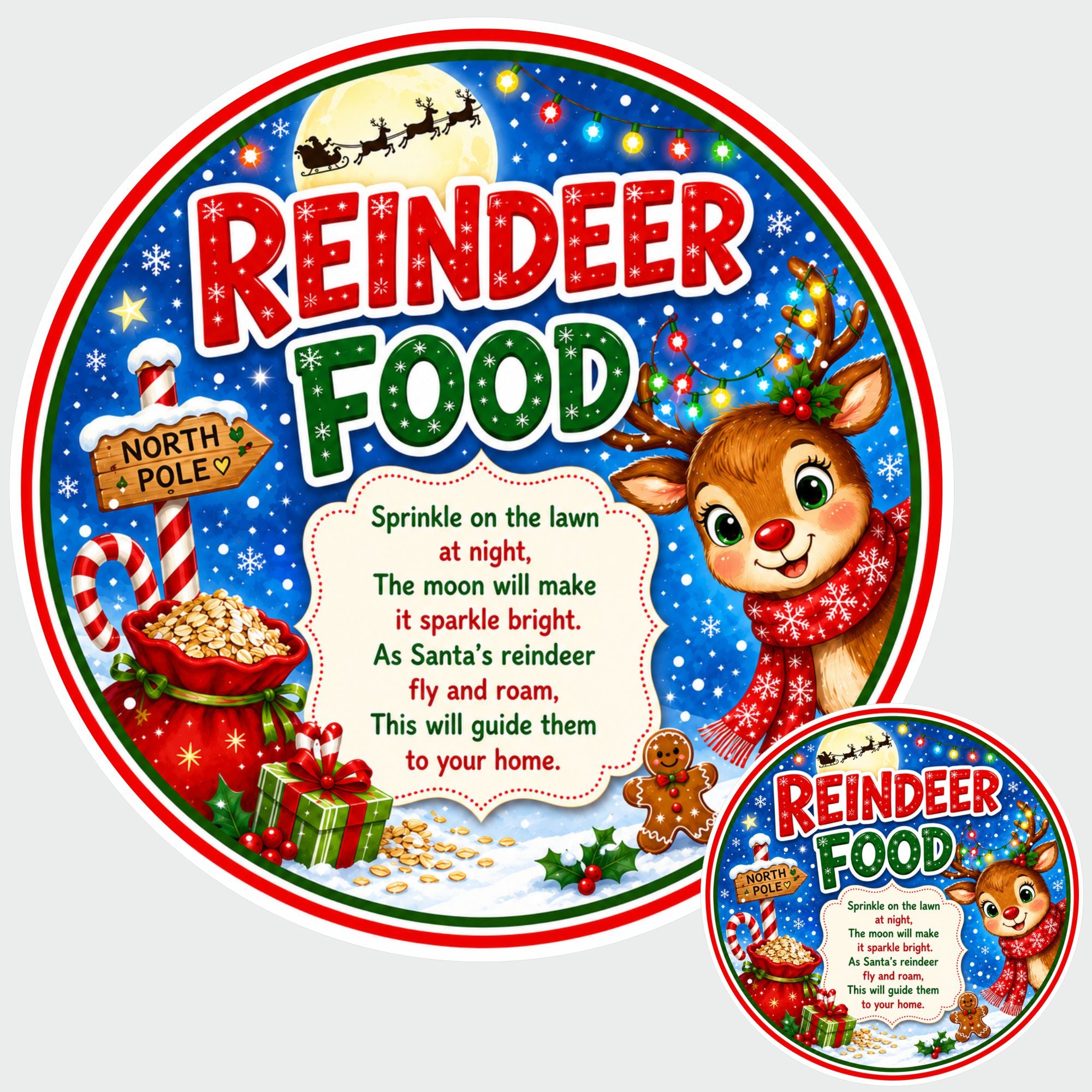 48 Christmas Reindeer Food Stickers – 40mm Round Labels – Kids Christmas Eve Treat Bag Labels