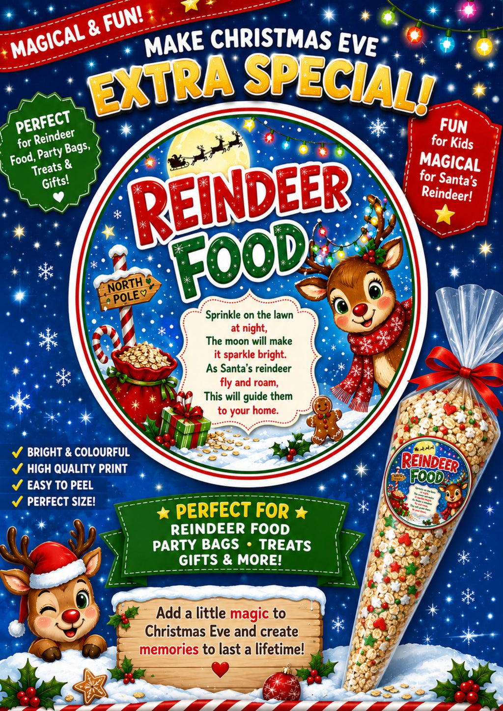 48 Christmas Reindeer Food Stickers – 40mm Round Labels – Kids Christmas Eve Treat Bag Labels