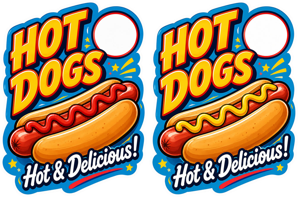 Hot Dog Catering Stickers – 2 x 200mm x 150mm Laminated Weatherproof Stickers