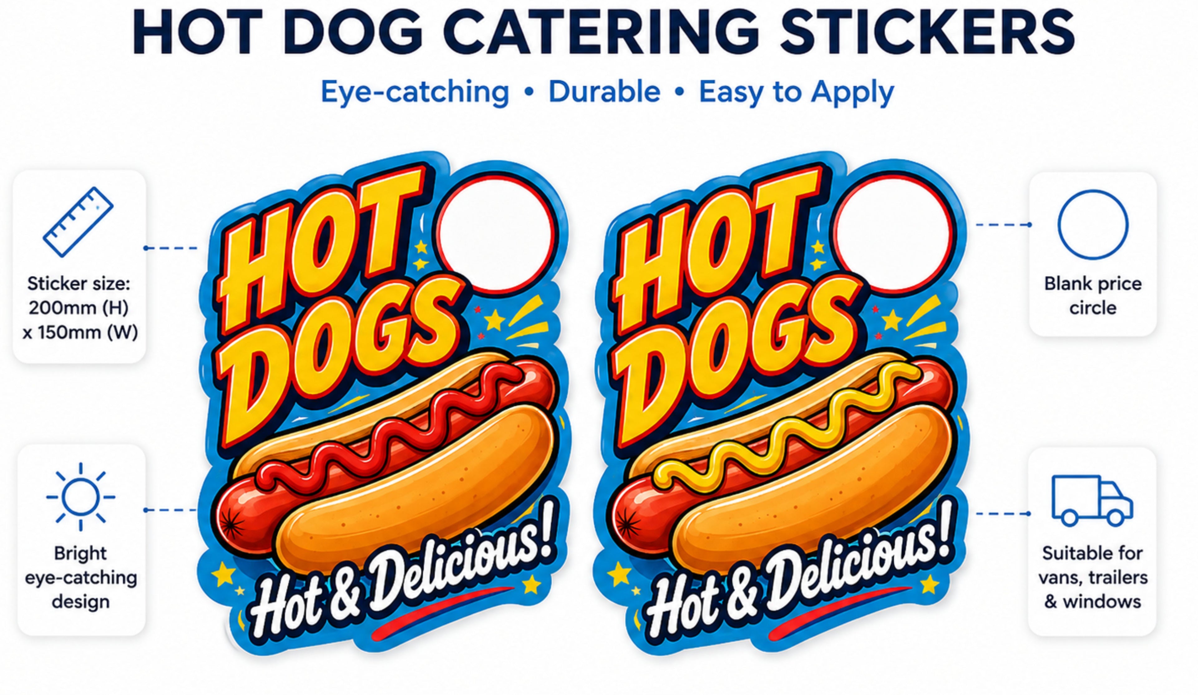 Hot Dog Catering Stickers – 2 x 200mm x 150mm Laminated Weatherproof Stickers