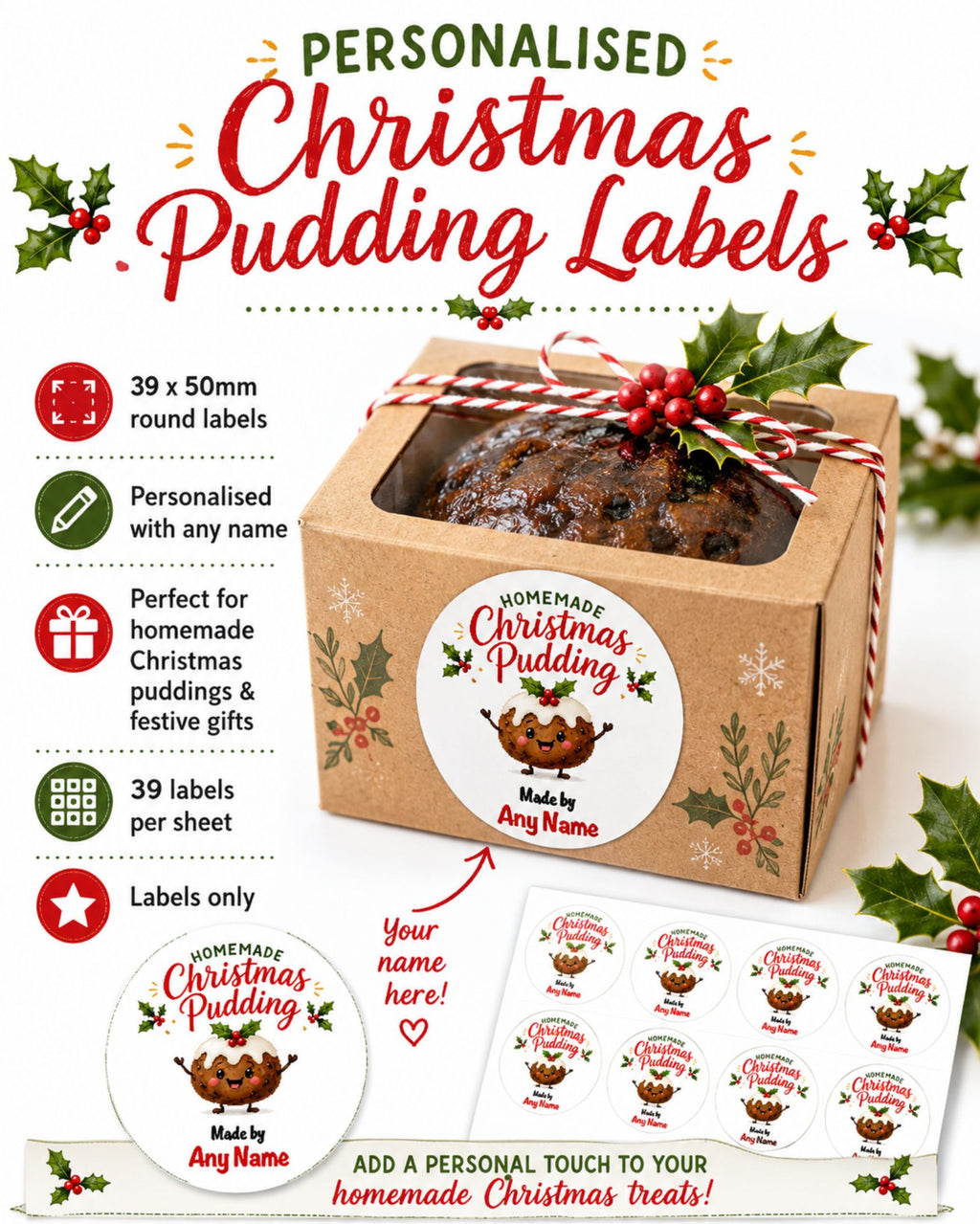 Personalised Christmas Pudding Labels – 39 x 50mm Round Stickers – Homemade Christmas Pudding Gift Labels