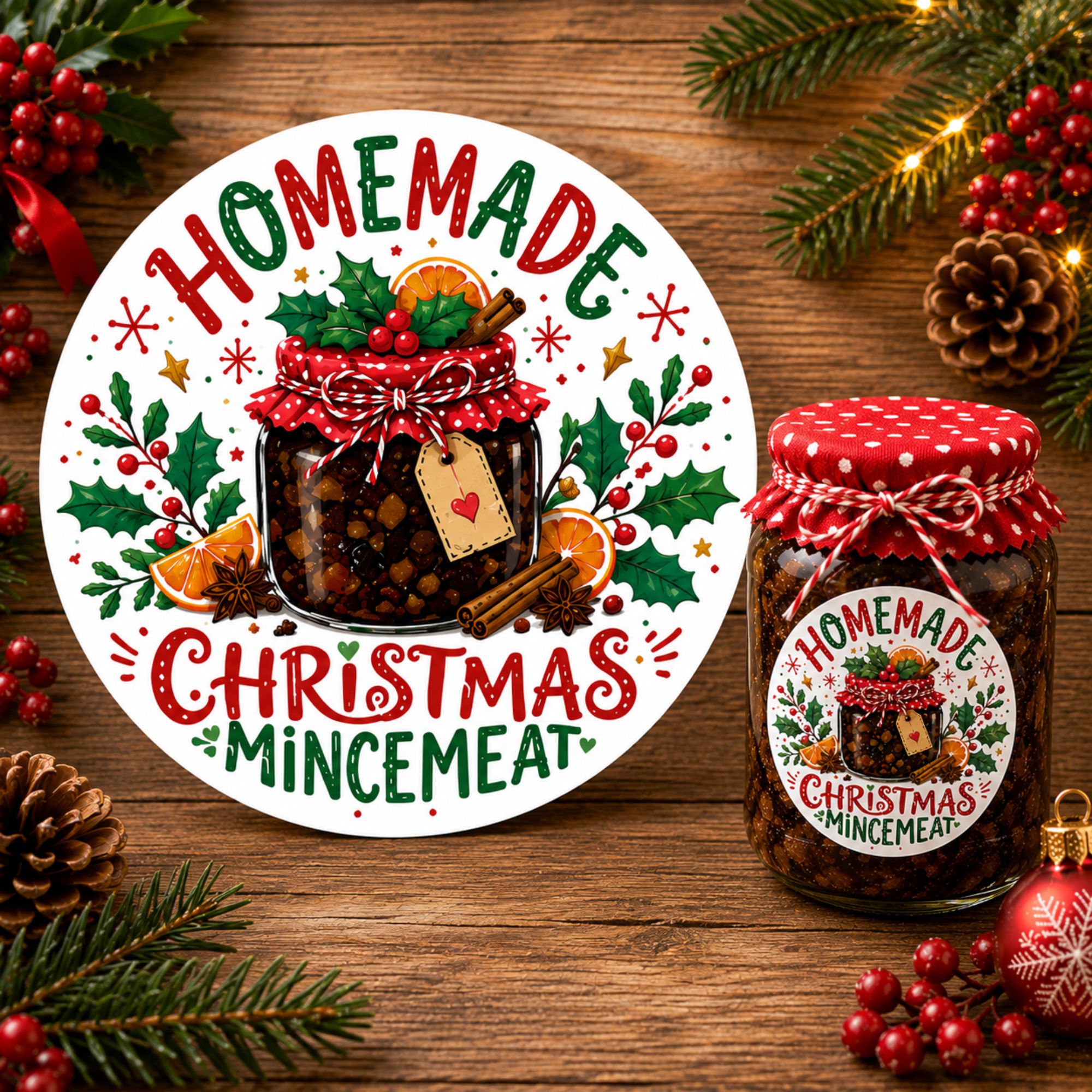 39 Homemade Christmas Mincemeat Labels 50mm Round Festive Jar Stickers
