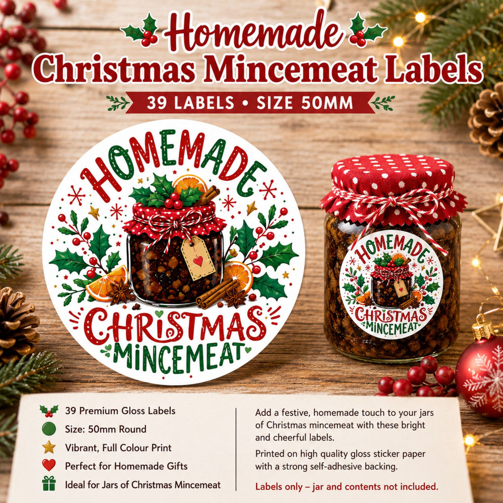 39 Homemade Christmas Mincemeat Labels 50mm Round Festive Jar Stickers