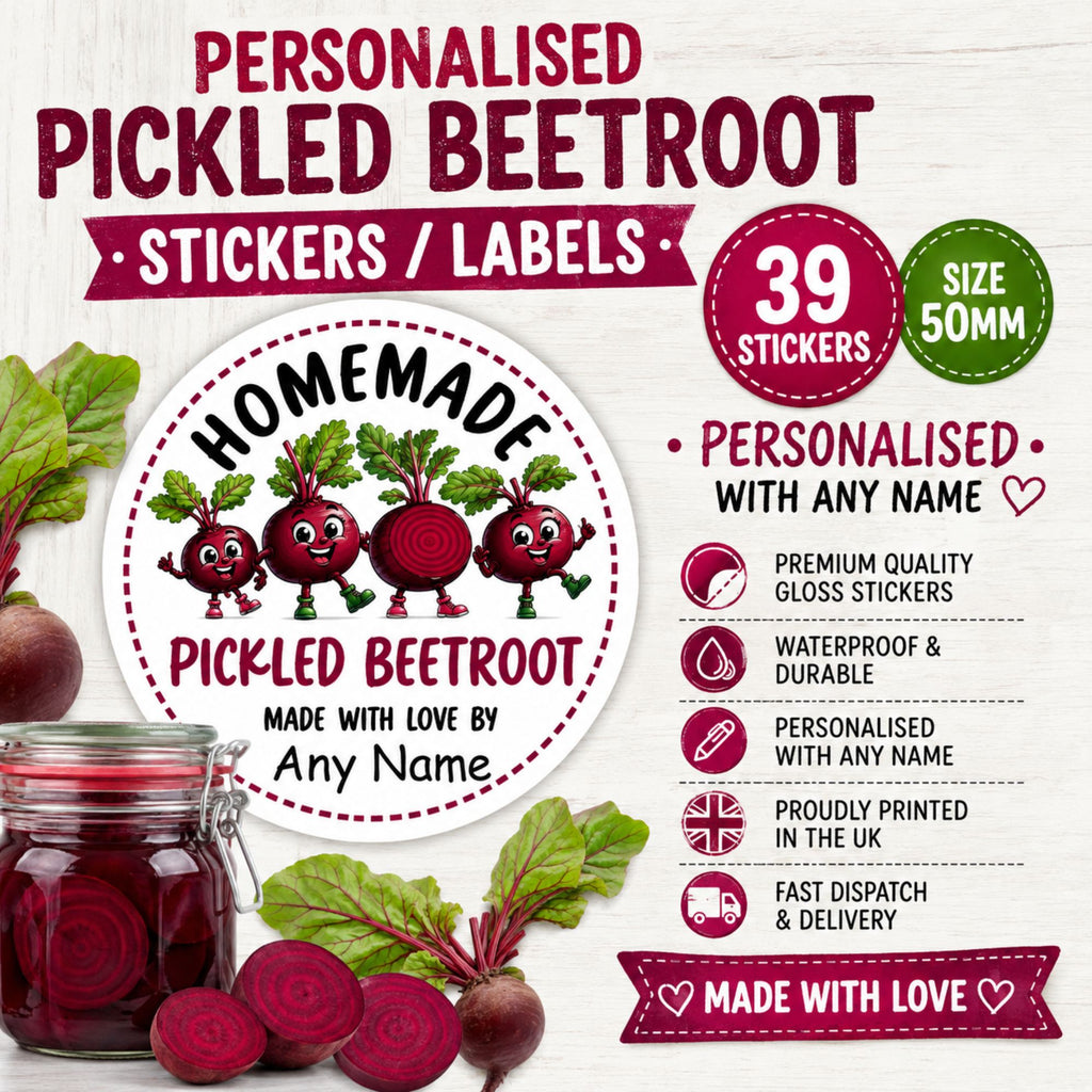 39 Personalised Pickled Beetroot Labels – Jar Stickers, Any Name Printed