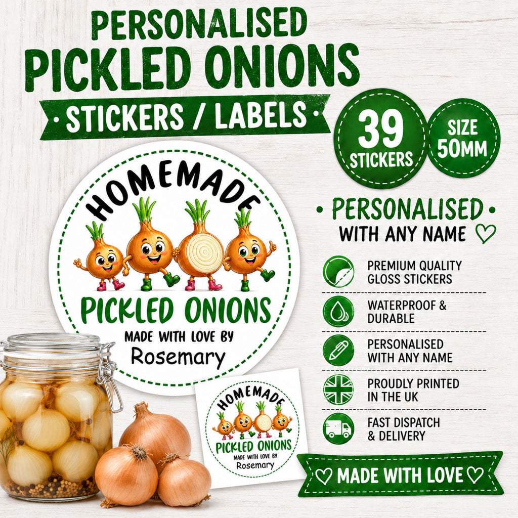 39 Personalised Pickled Onion Labels, Any Name printed, Jar Labels