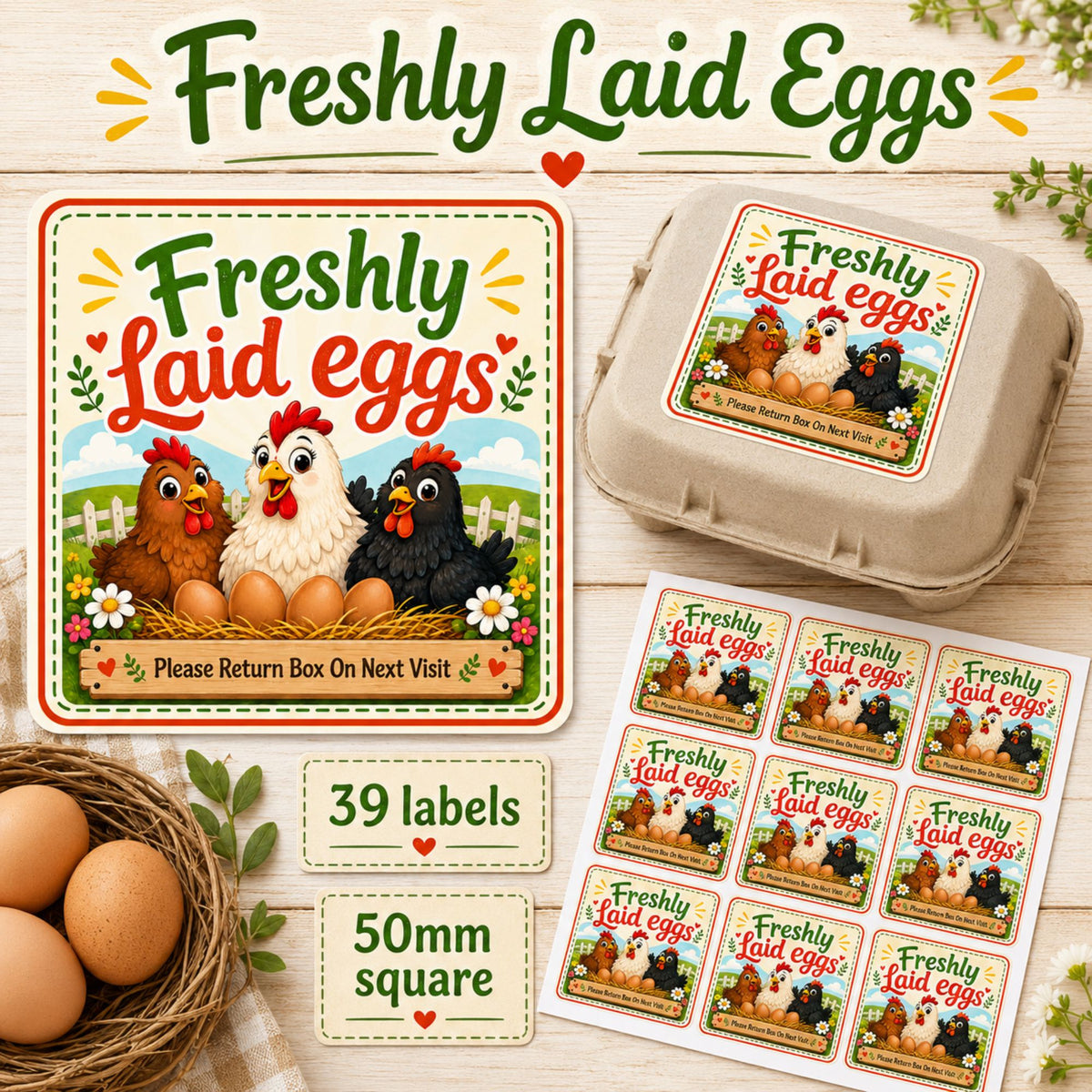 39 Farmhouse chicken style egg box labels please return box square 50mm
