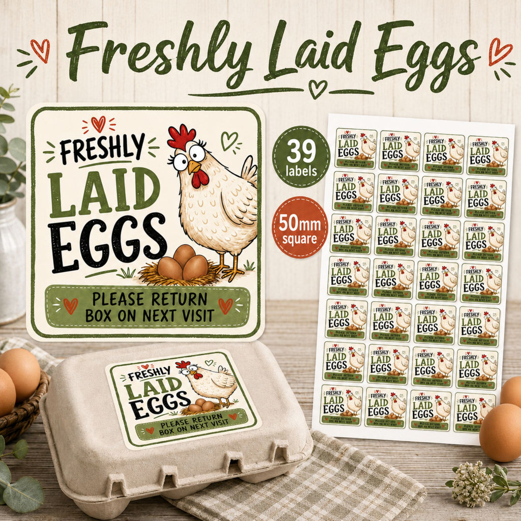 39 Square egg box labels, fun design, please return box label, 50mm