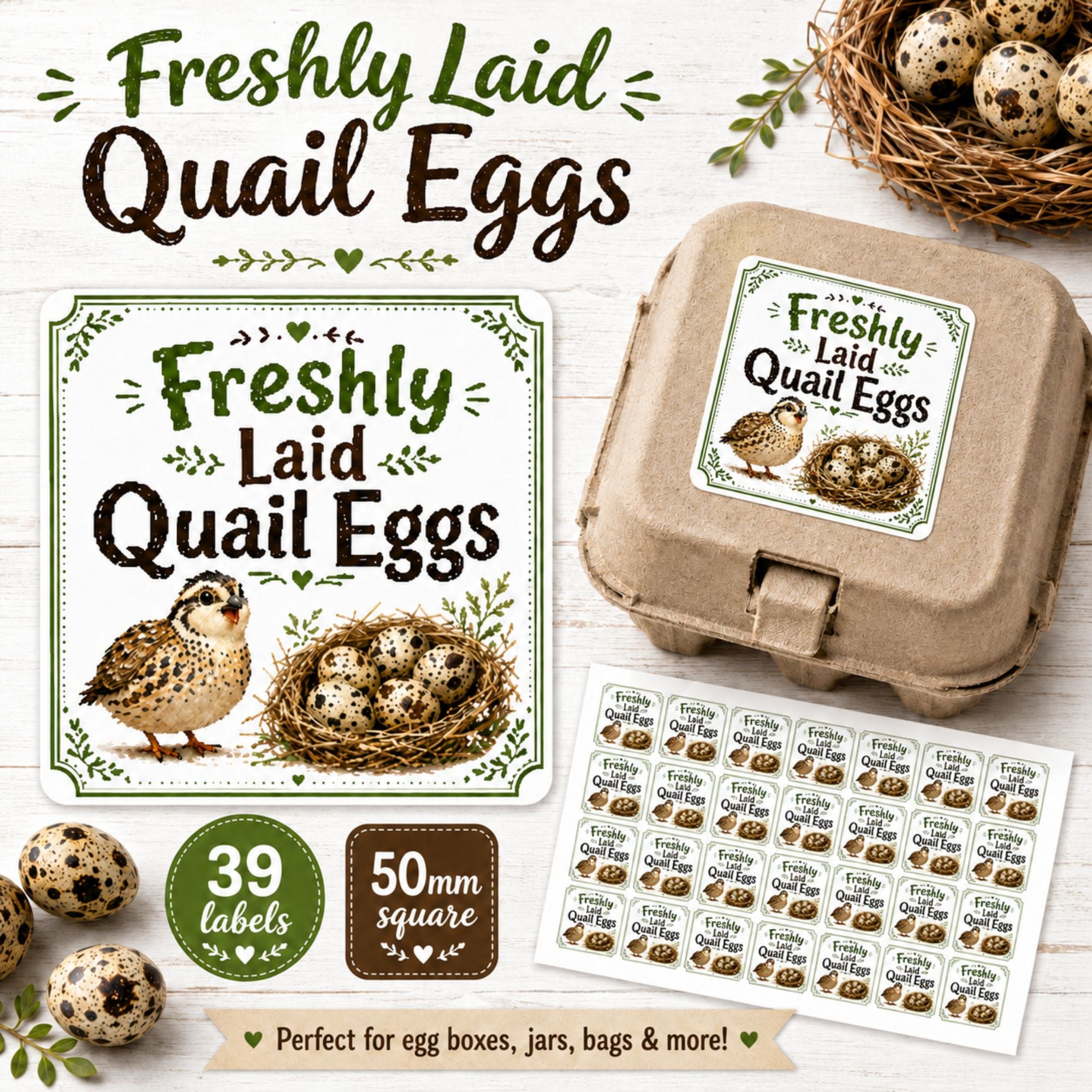 Freshly Laid Quail Egg Box  Labels – 39 x 50mm Square Stickers, Carton