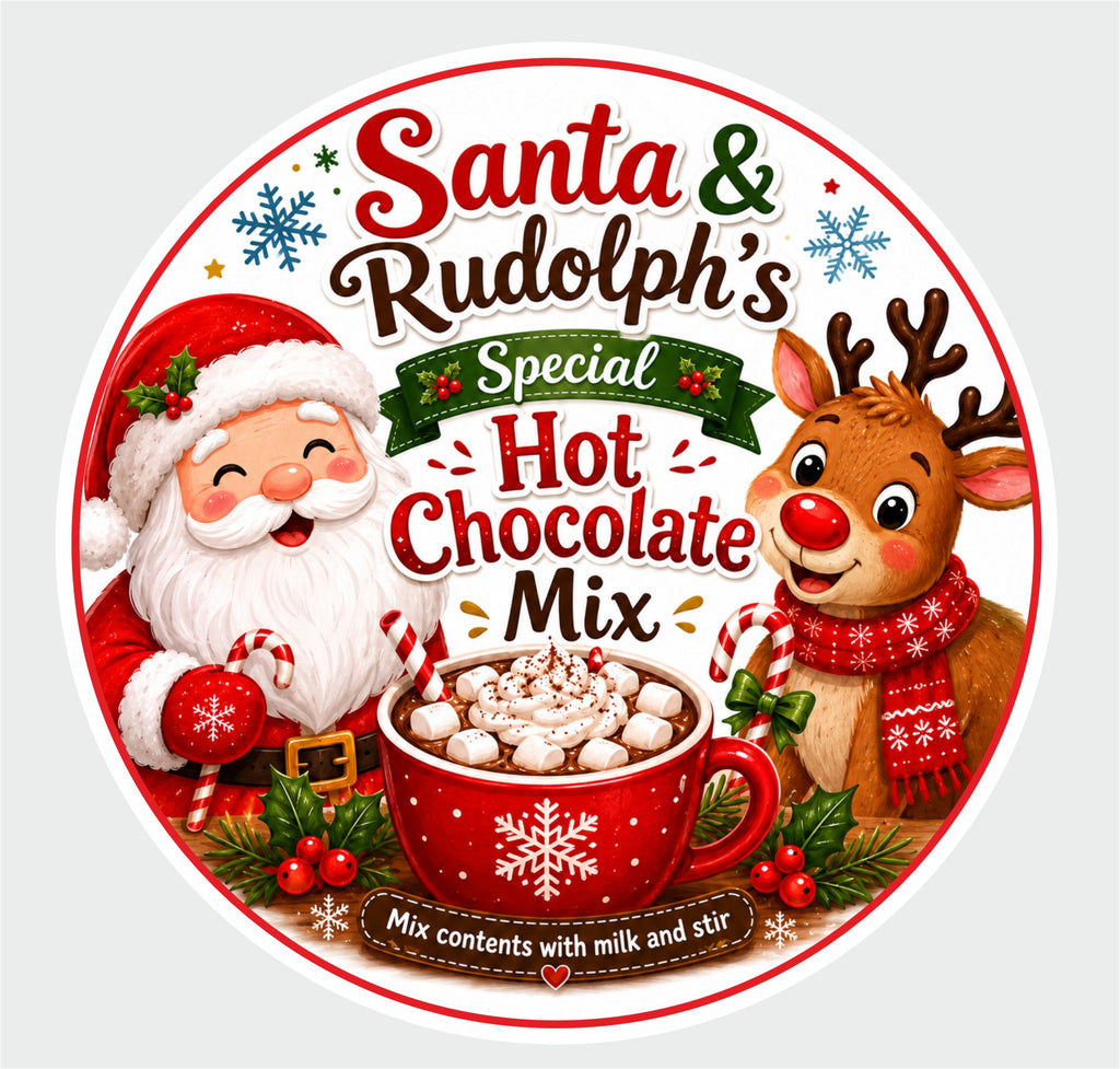 Santa & Rudolph’s Special Hot Chocolate Mix Labels – 39 x 50mm Round Christmas Stickers