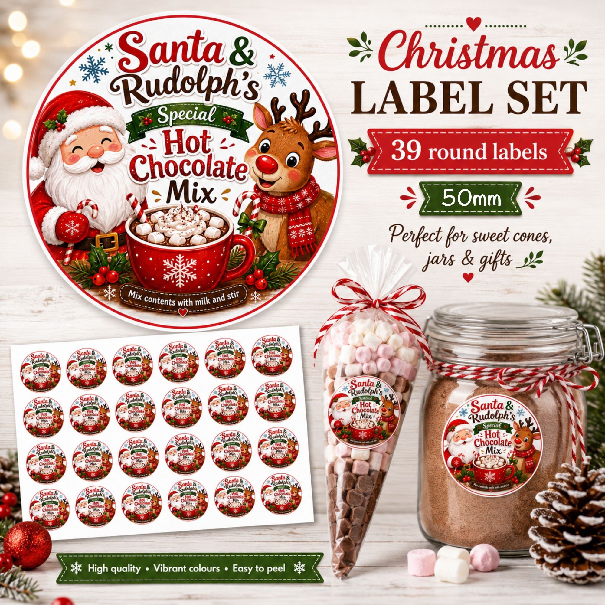 Santa & Rudolph’s Special Hot Chocolate Mix Labels – 39 x 50mm Round Christmas Stickers