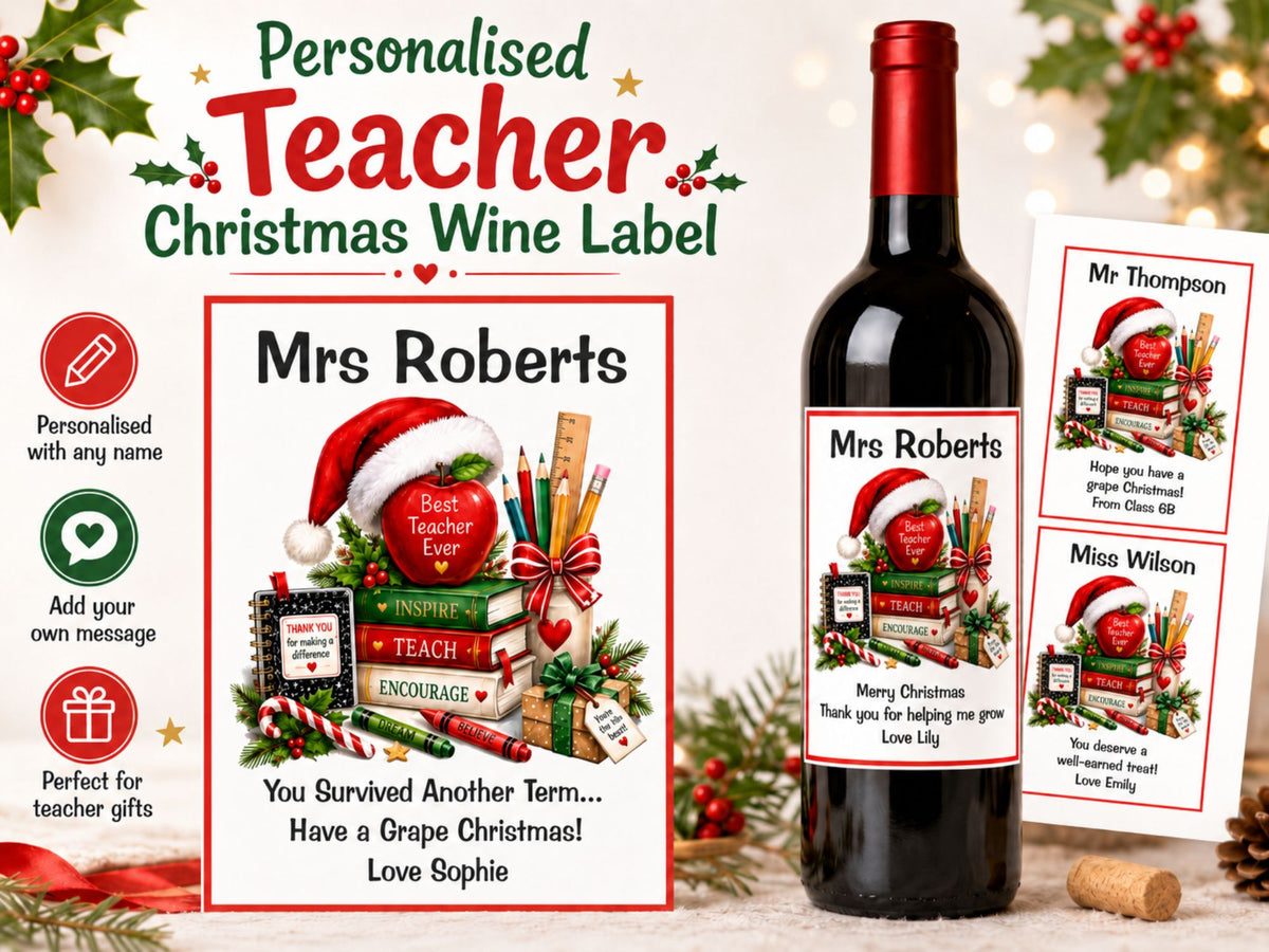 Personalised Teacher Christmas Wine Bottle Label Any Name/Text Added