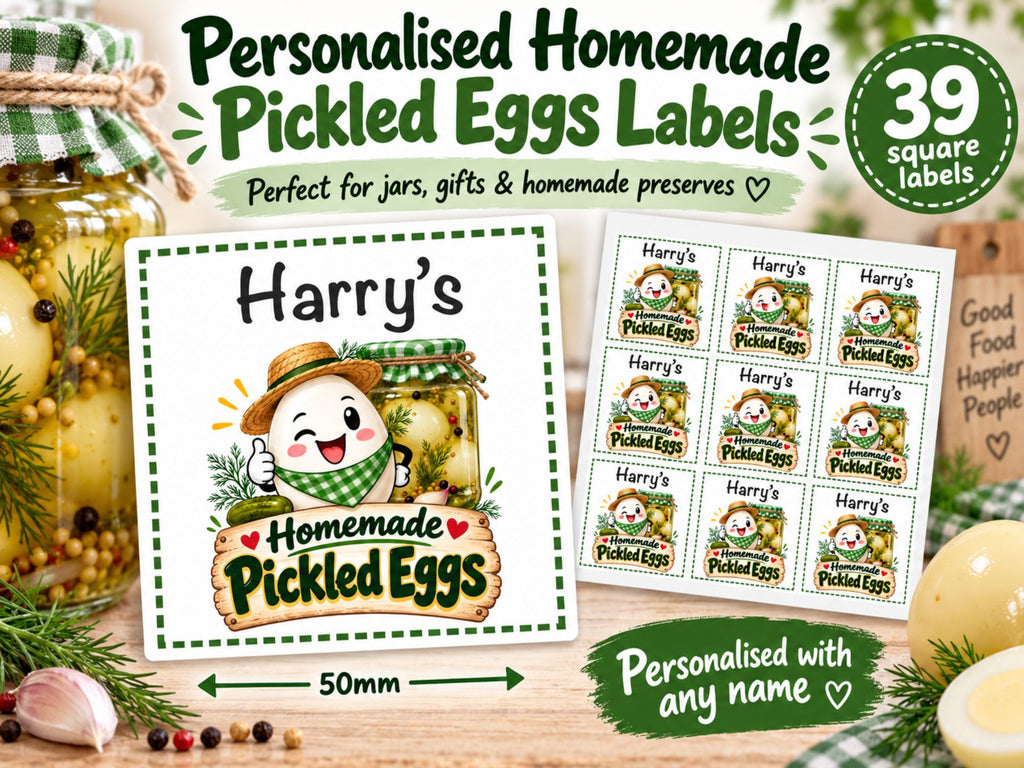 39 Personalised Homemade Pickled Eggs Labels 50mm Any Name Printed