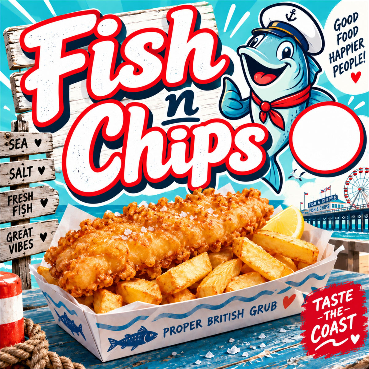 Fish & Chips Catering Van Sticker – 200mm x 200mm Square Food Sign
