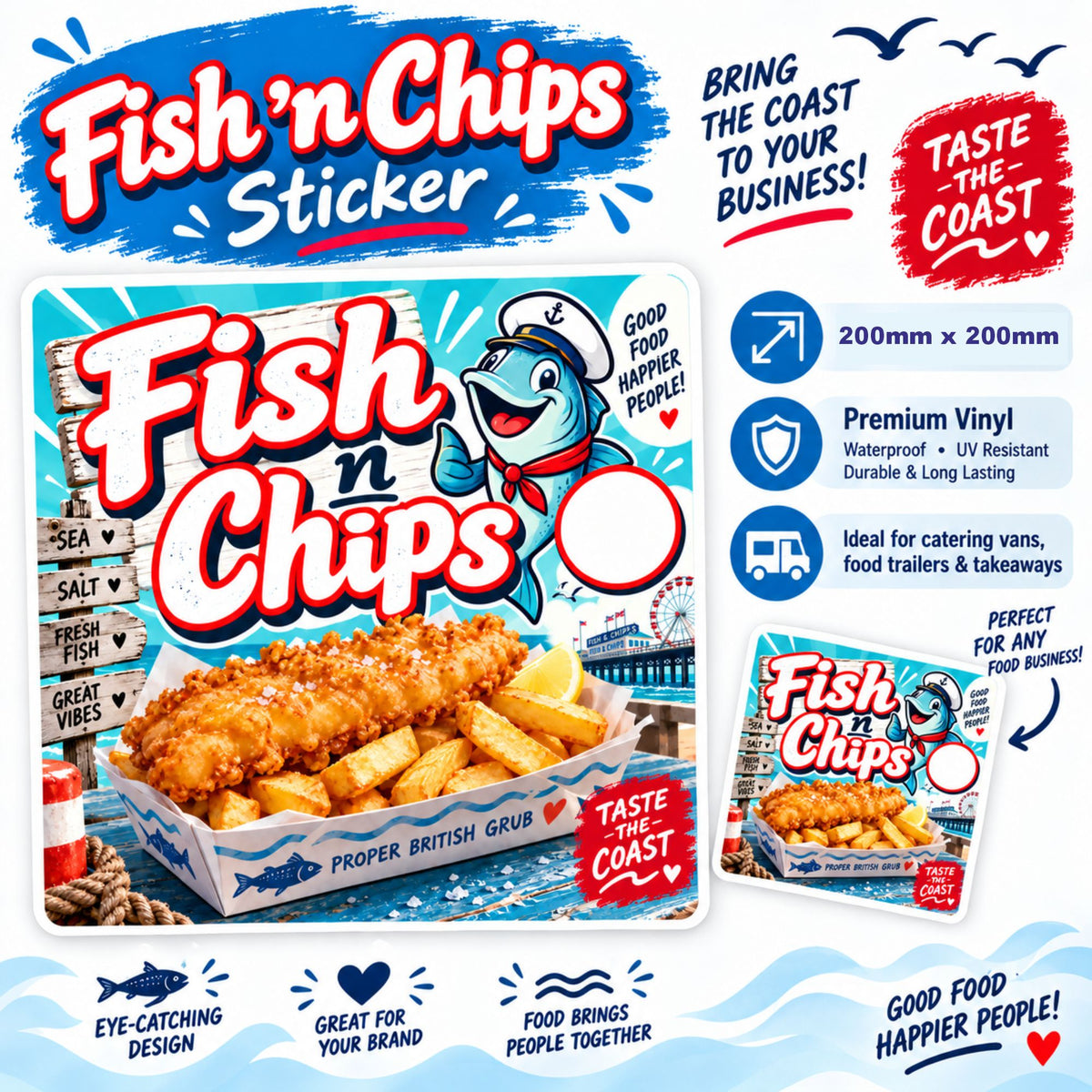 Fish & Chips Catering Van Sticker – 200mm x 200mm Square Food Sign