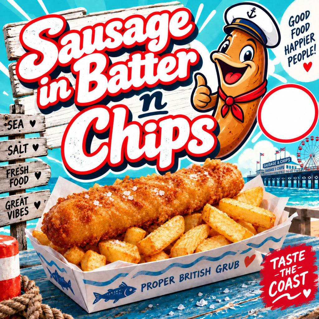 Sausage in Batter & Chips Catering Van Sticker – 200mm x 200mm Laminated Outdoor Food Sign