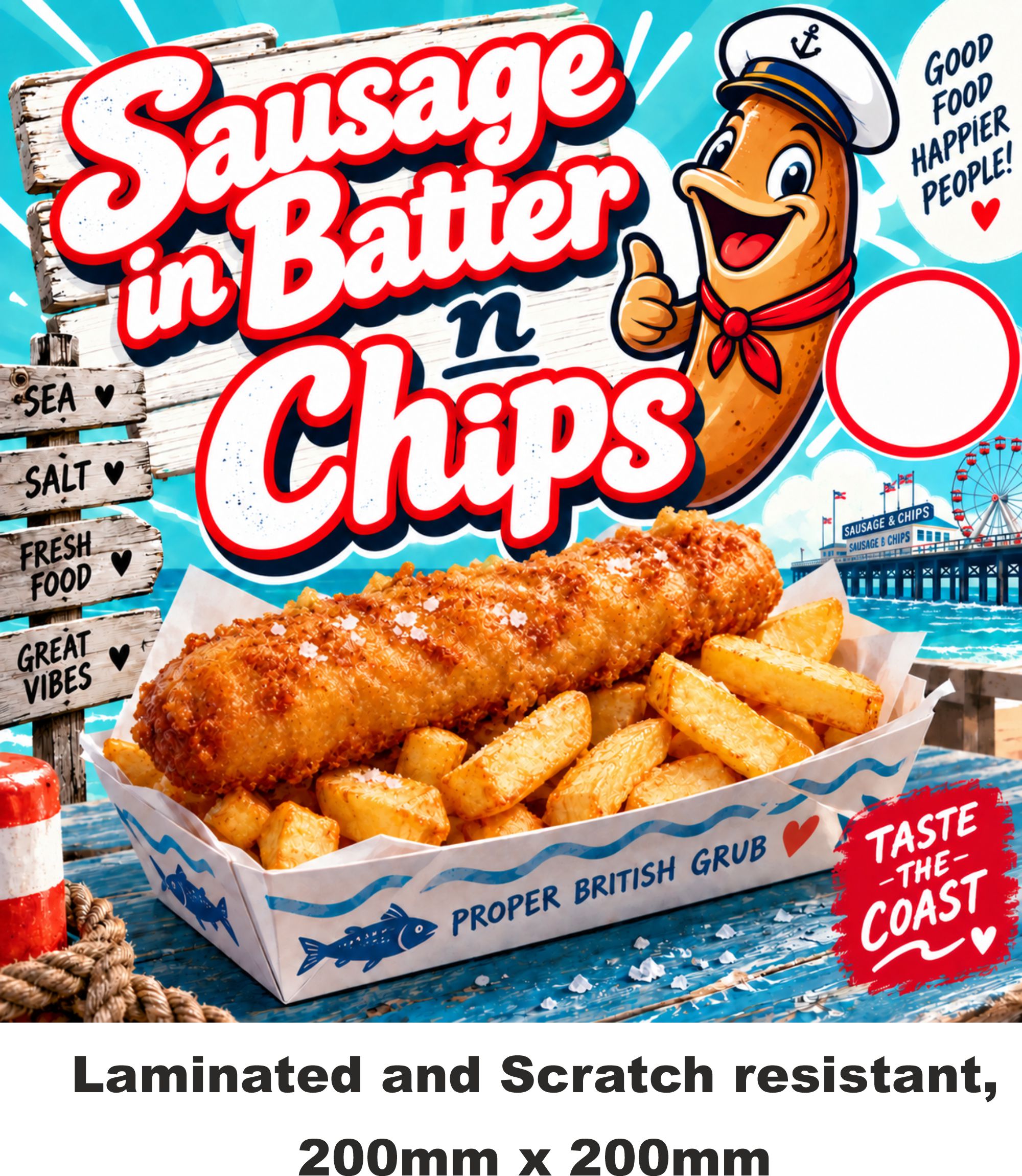 Sausage in Batter & Chips Catering Van Sticker – 200mm x 200mm Laminated Outdoor Food Sign