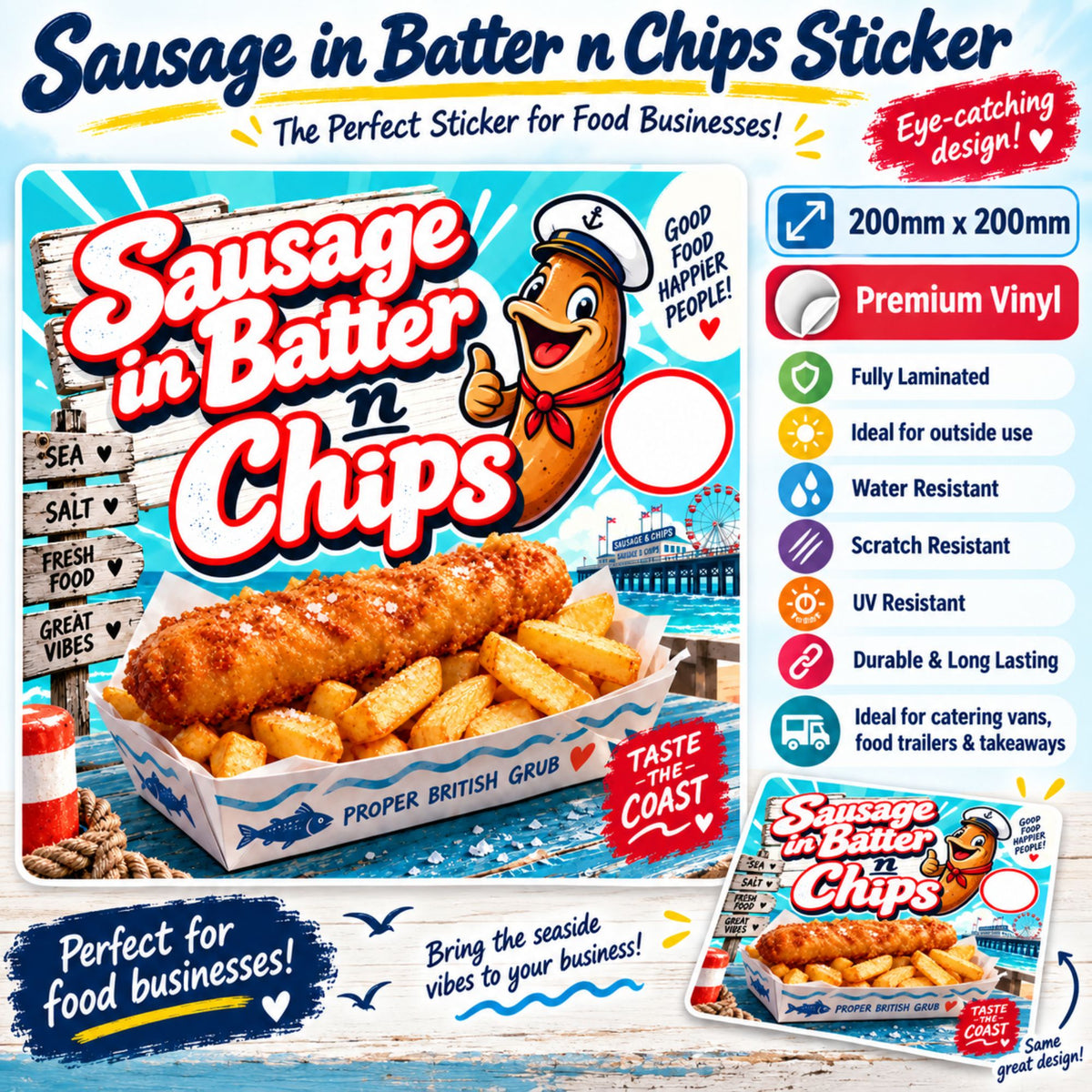 Sausage in Batter & Chips Catering Van Sticker – 200mm x 200mm Laminated Outdoor Food Sign