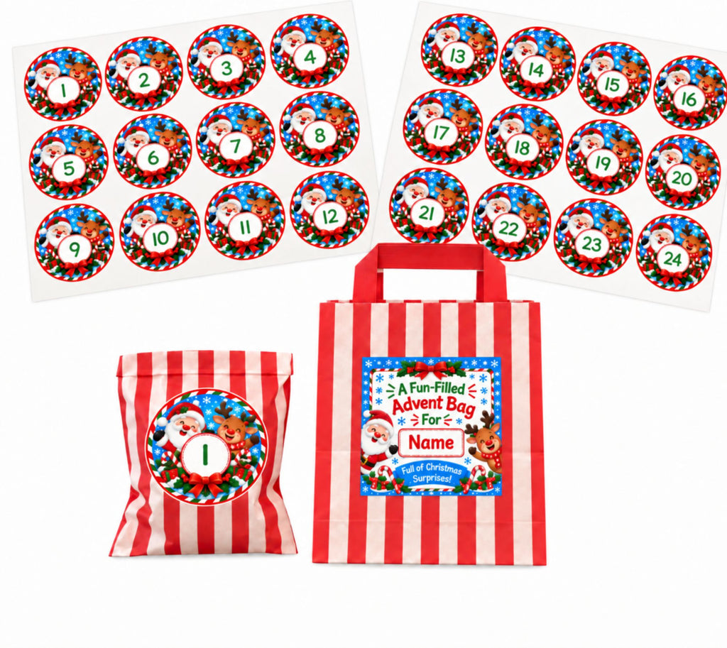 Personalised Santa & Rudolph Advent Bag + 24 Bags + Stickers Any Name Printed
