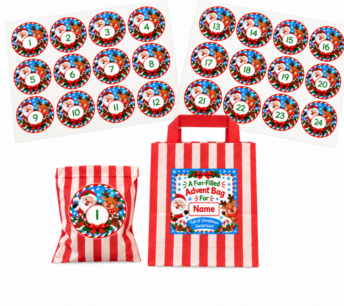 Personalised Santa & Rudolph Advent Bag + 24 Bags + Stickers Any Name Printed