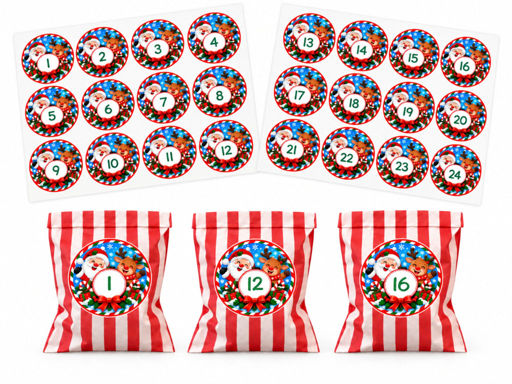 Personalised Santa & Rudolph Advent Bag + 24 Bags + Stickers Any Name Printed