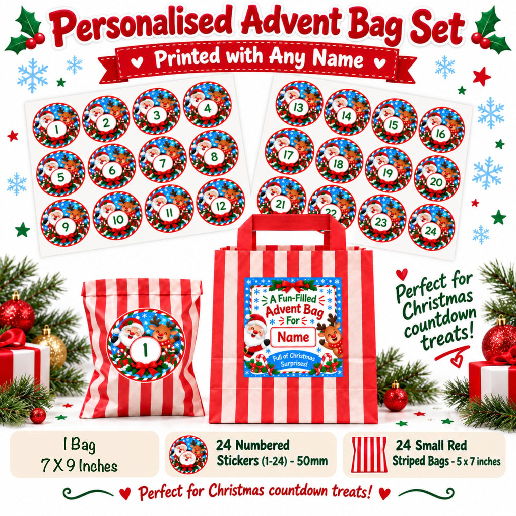 Personalised Santa & Rudolph Advent Bag + 24 Bags + Stickers Any Name Printed