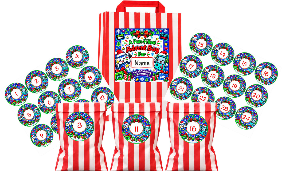 Personalised Advent Calendar Bag + 24 Bags + 24 Stickers ANY NAME