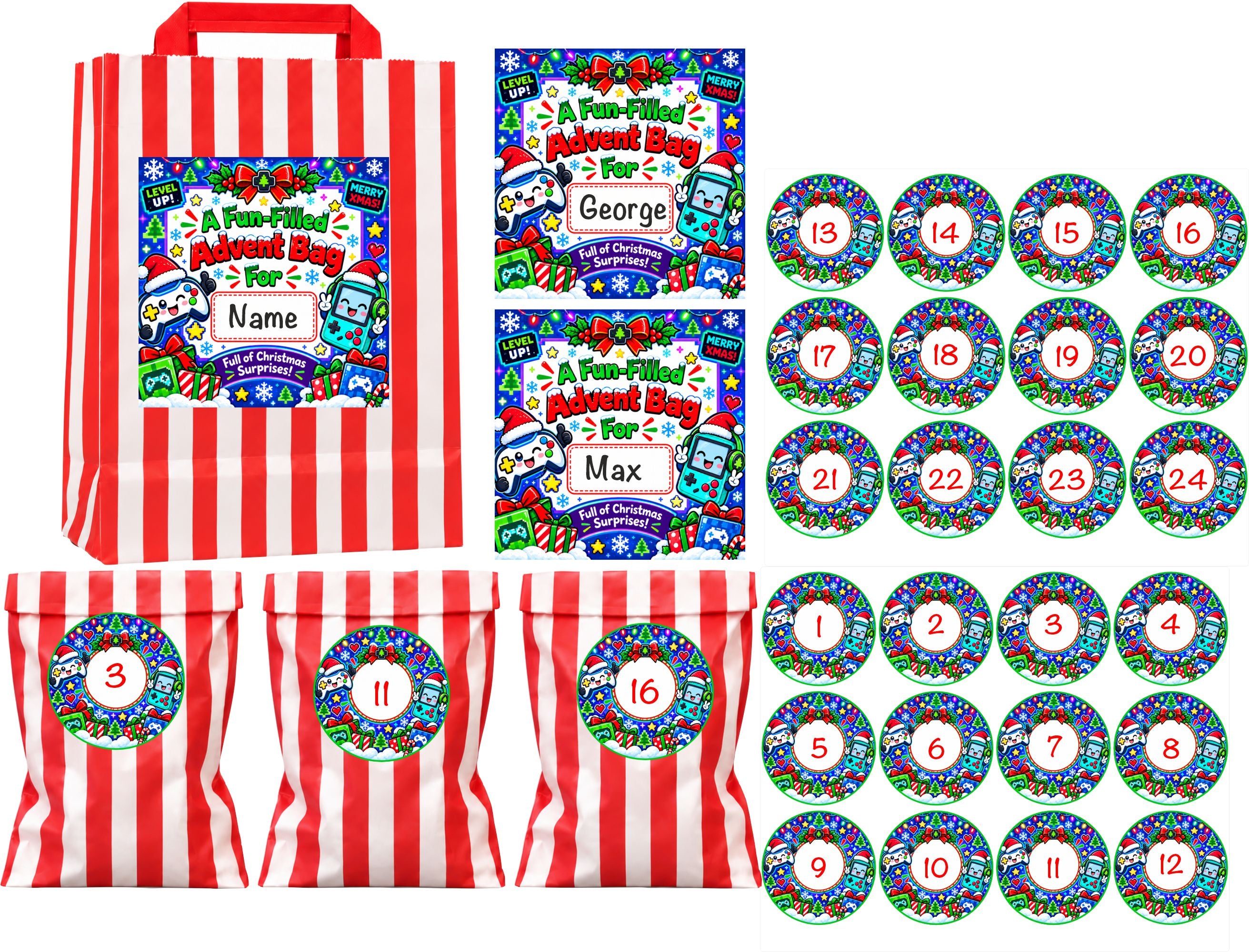 Personalised Advent Calendar Bag + 24 Bags + 24 Stickers ANY NAME