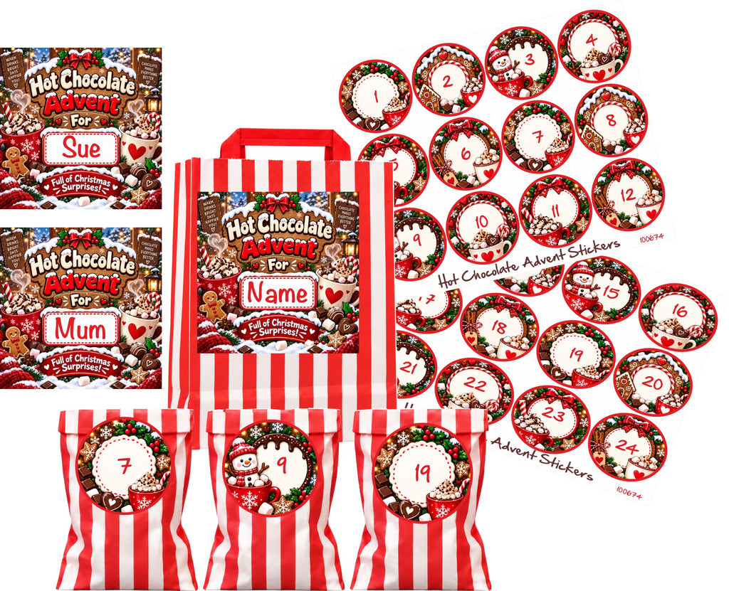 Personalised Hot Chocolate Christmas Advent Bag Set – 24 Stickers, 24 Bags ANY Name