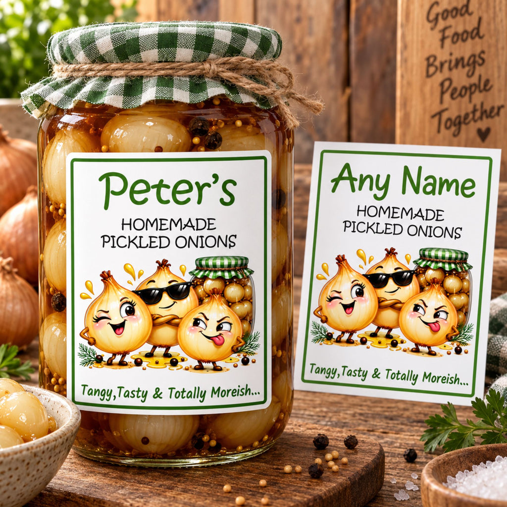 26 Personalised Homemade Pickled Onion Labels – Custom Name Funny Pub Style Jar Stickers