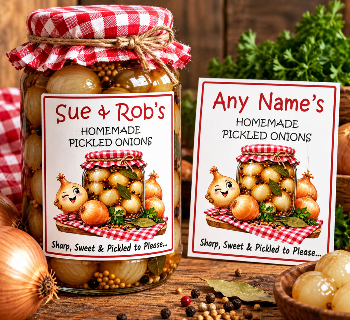 26 Personalised Homemade Pickled Onion Labels – Sharp & Sweet Design – Any Name