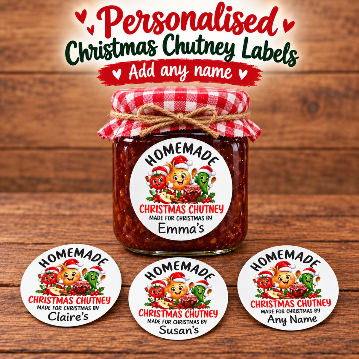 39 Personalised Christmas Chutney Labels – 50mm Round – Any Name Printed
