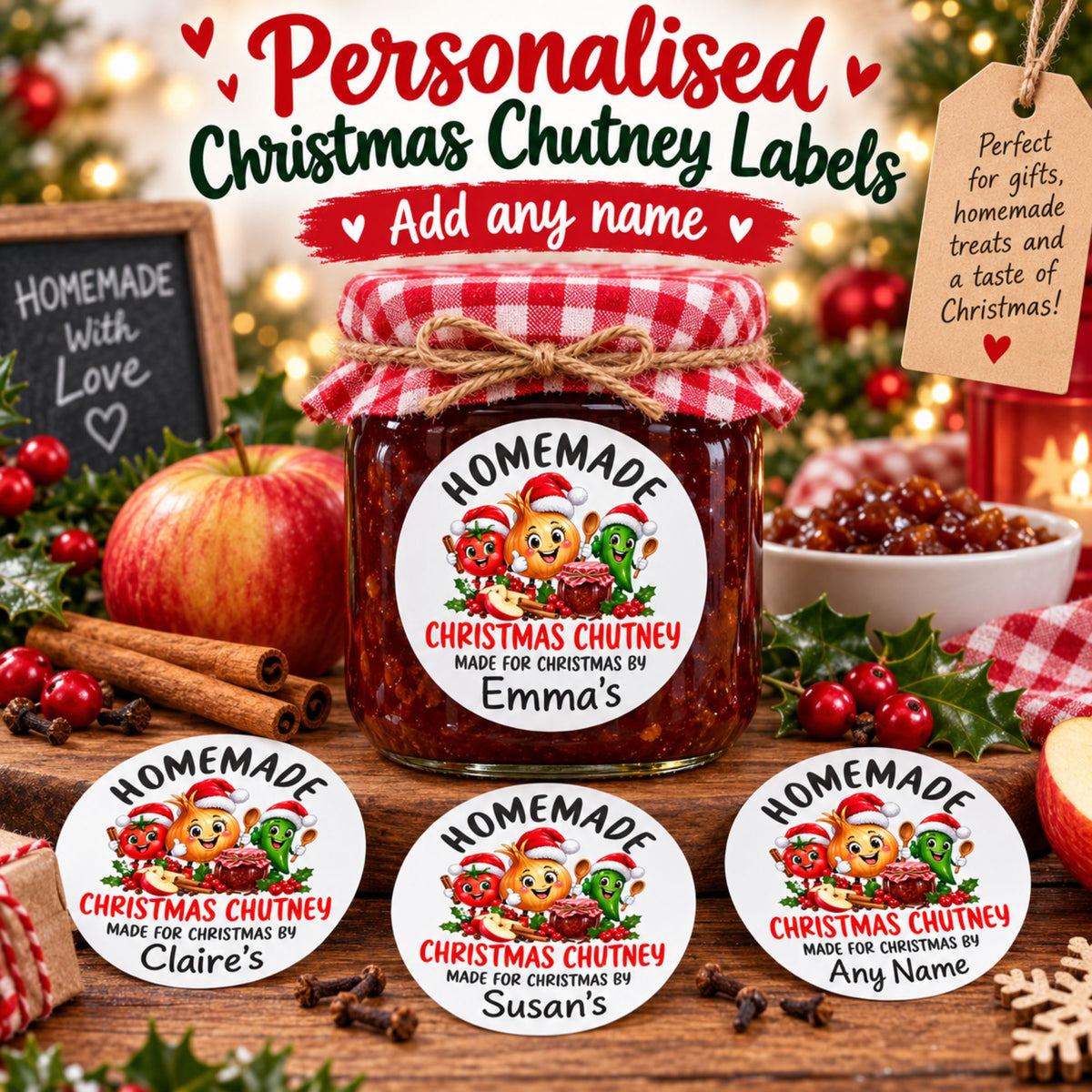 39 Personalised Christmas Chutney Labels – 50mm Round – Any Name Printed