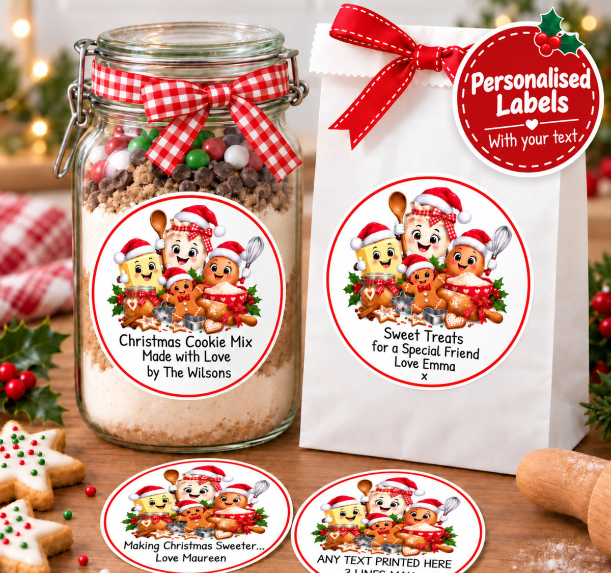 39 Personalised Christmas Baking Labels – 50mm Round – Any Text Up to 3 Lines