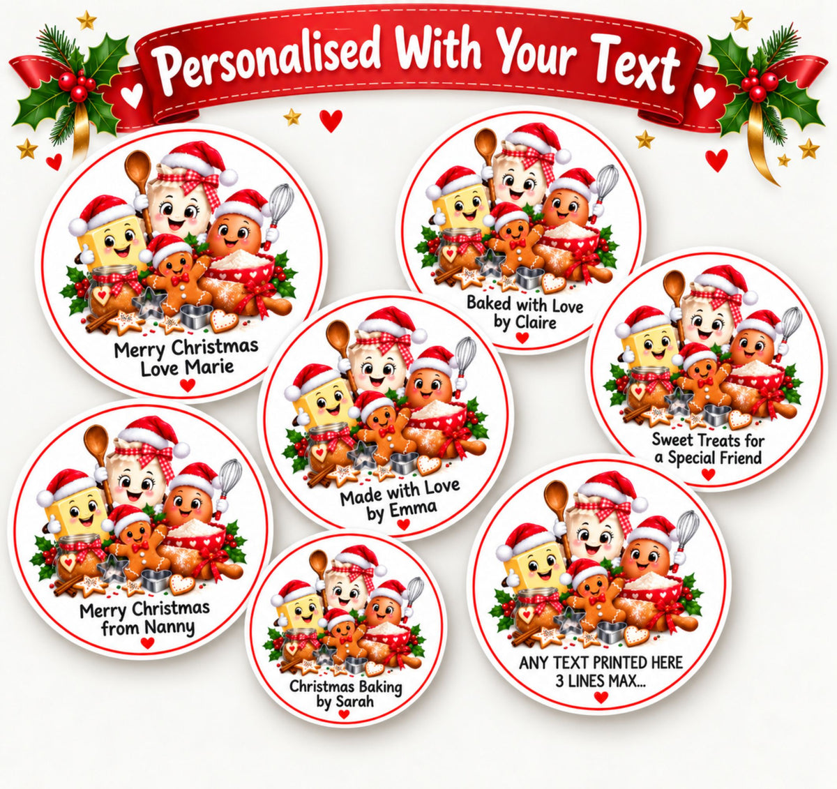 39 Personalised Christmas Baking Labels – 50mm Round – Any Text Up to 3 Lines