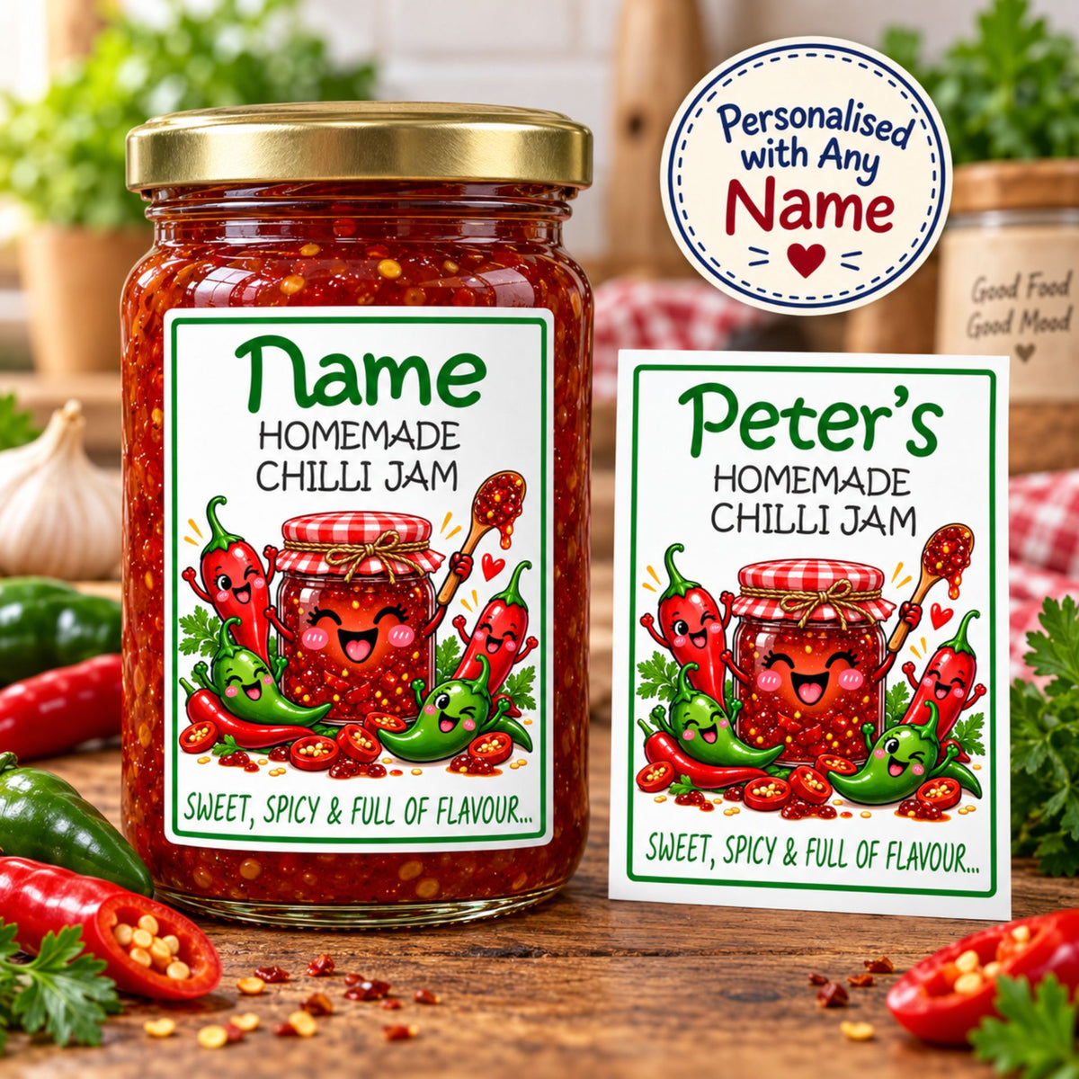 26 Personalised Homemade Chilli Jam Labels – 50 x 70mm – Any Name Printed