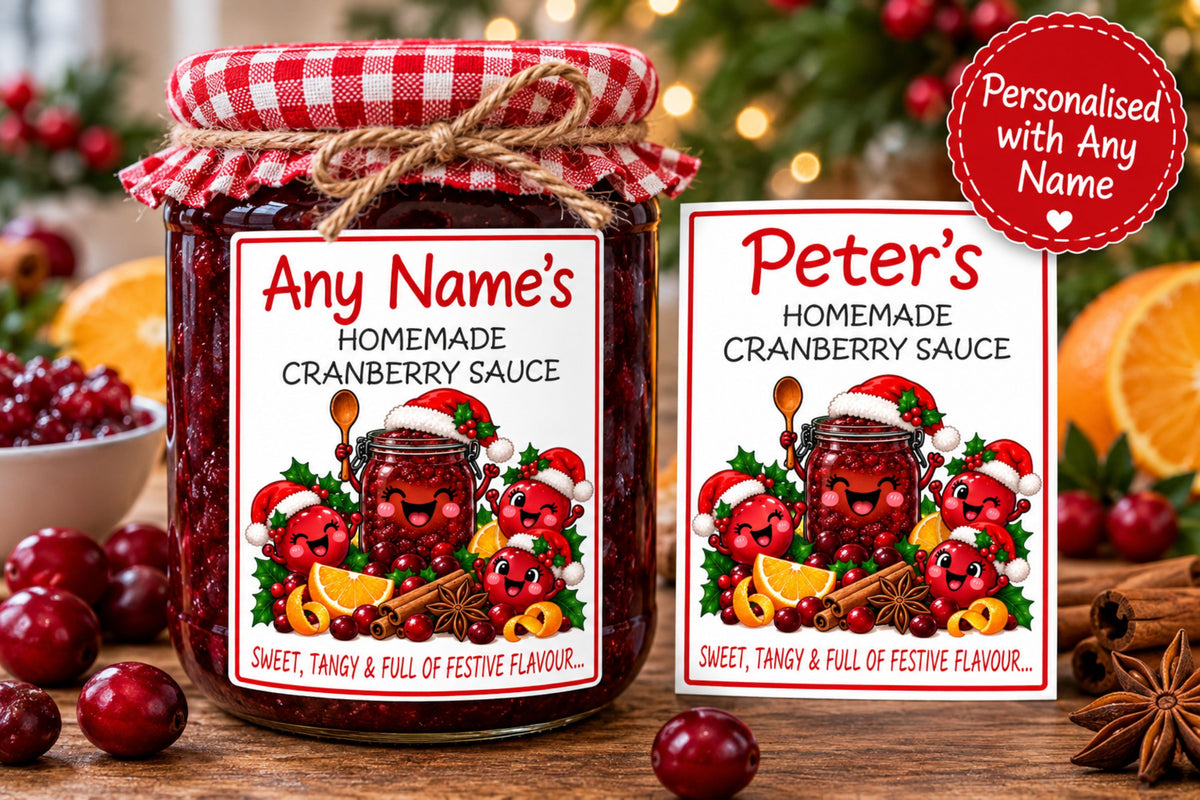 26 Personalised Homemade Cranberry Sauce Labels – 50 x 70mm – Any Name Printed