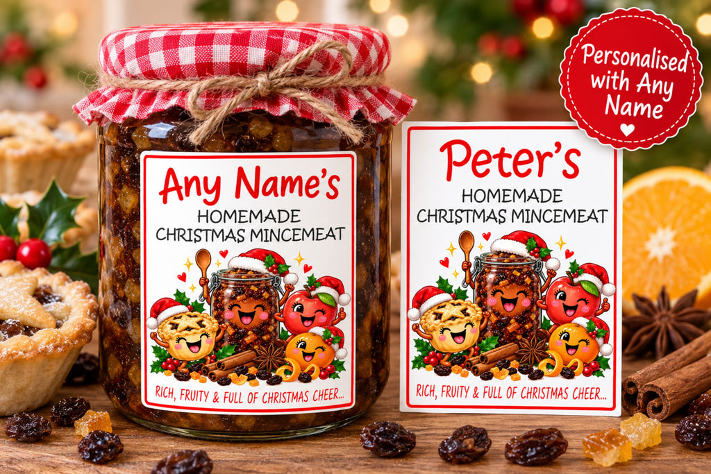 26 Personalised Christmas Mincemeat Labels – 50 x 70mm – Any Name Printed