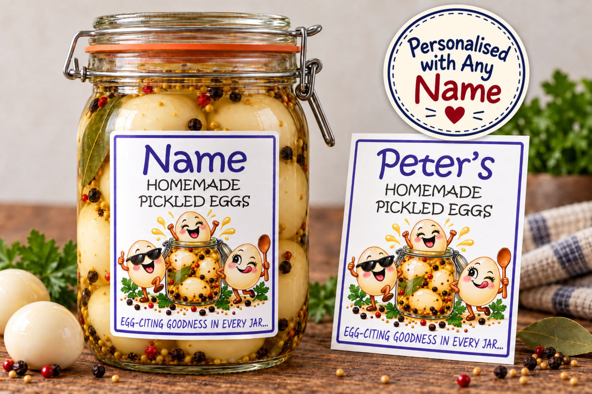 26 Personalised Homemade Pickled Egg Labels – 50 x 70mm – Any Name Printed