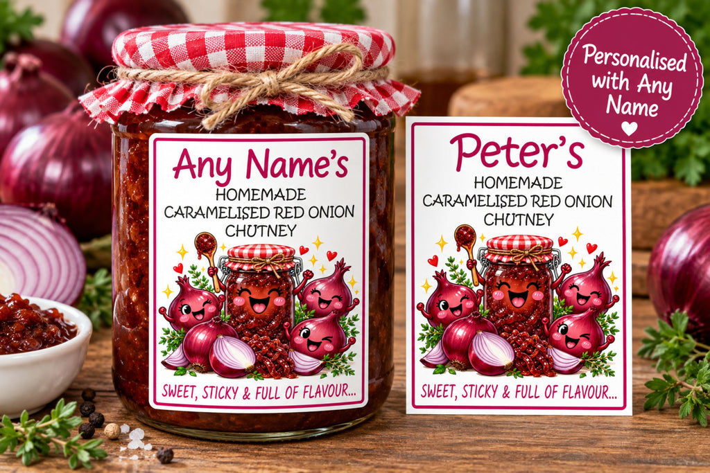 26 Personalised Caramelised Red Onion Chutney Labels – 50 x 70mm – Any Name Printed