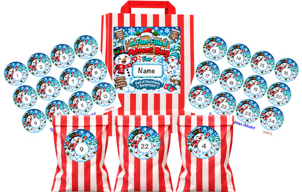 Personalised Snowman Advent Calendar +24 Bags+ 24 Stickers Any Name