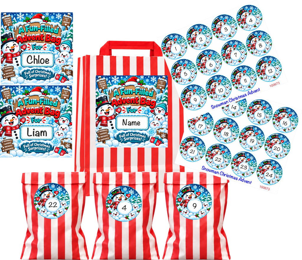 Personalised Snowman Advent Calendar +24 Bags+ 24 Stickers Any Name