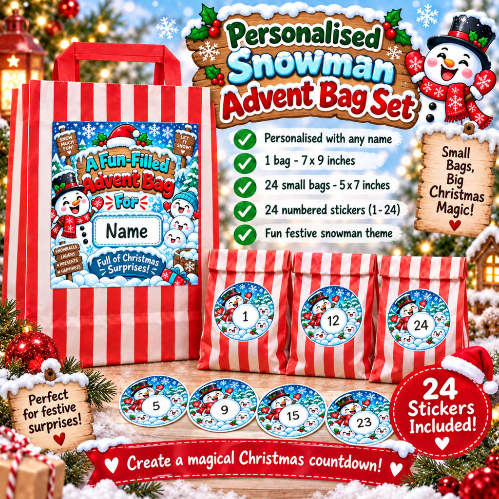 Personalised Snowman Advent Calendar +24 Bags+ 24 Stickers Any Name