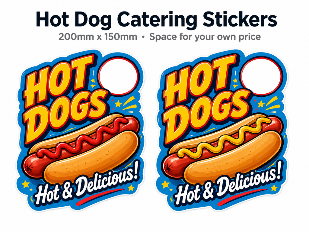 Hot Dog Catering Stickers – 2 x 200mm x 150mm Laminated Weatherproof Stickers