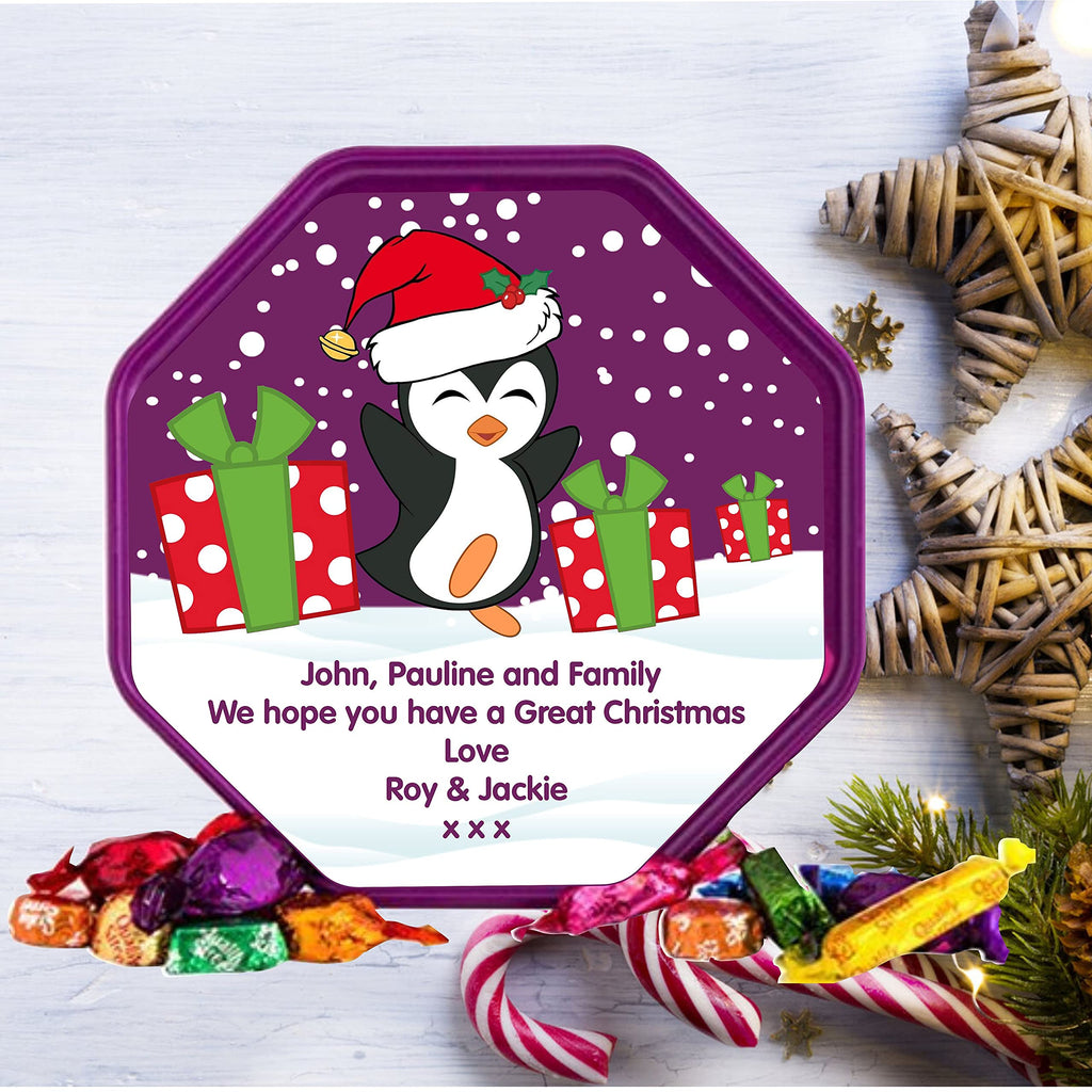 Personalised Penguin Design Label fits Quality Street Tub Christmas idea