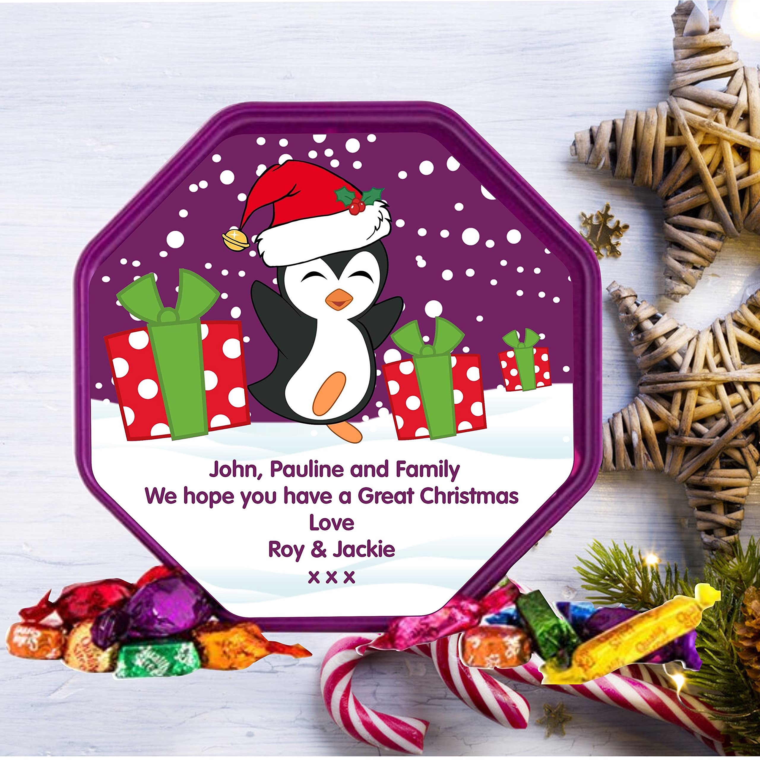 Personalised Penguin Design Label fits Quality Street Tub Christmas idea