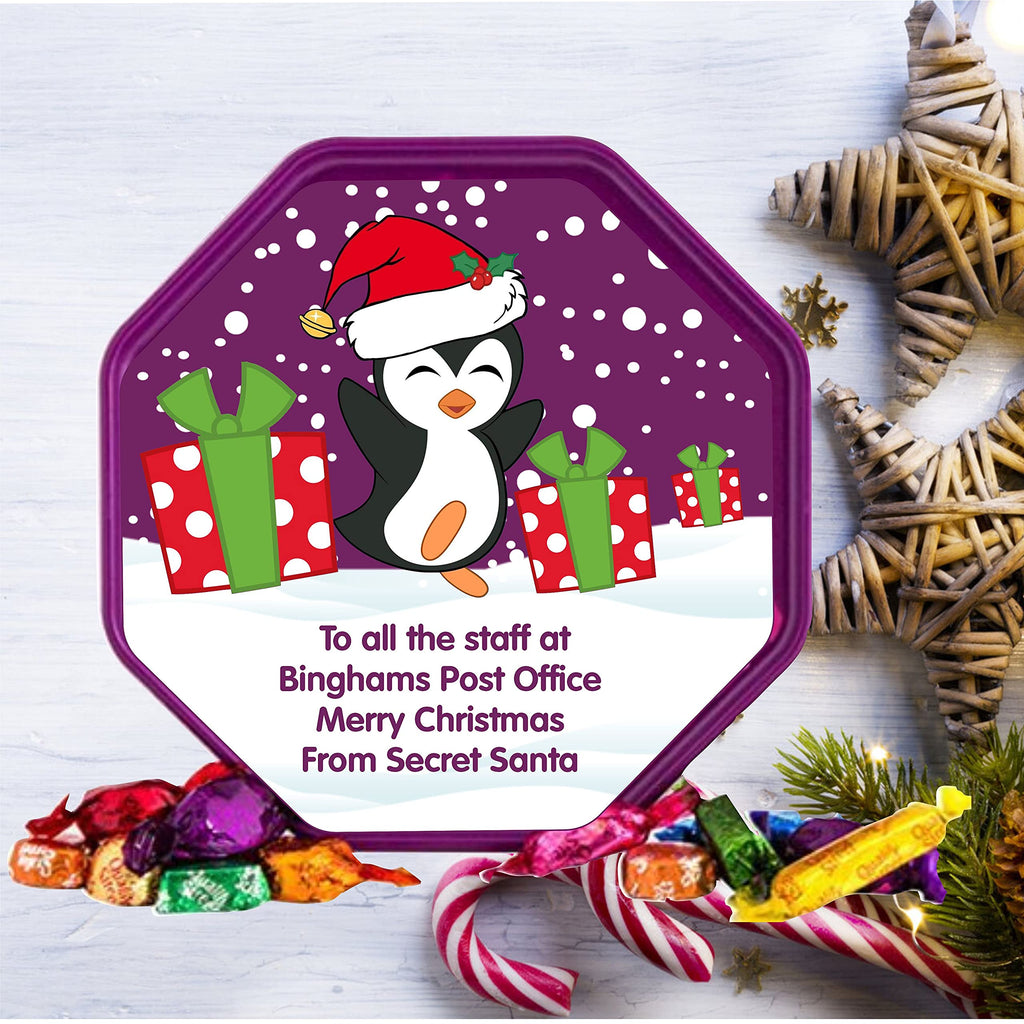 Personalised Penguin Design Label fits Quality Street Tub Christmas idea