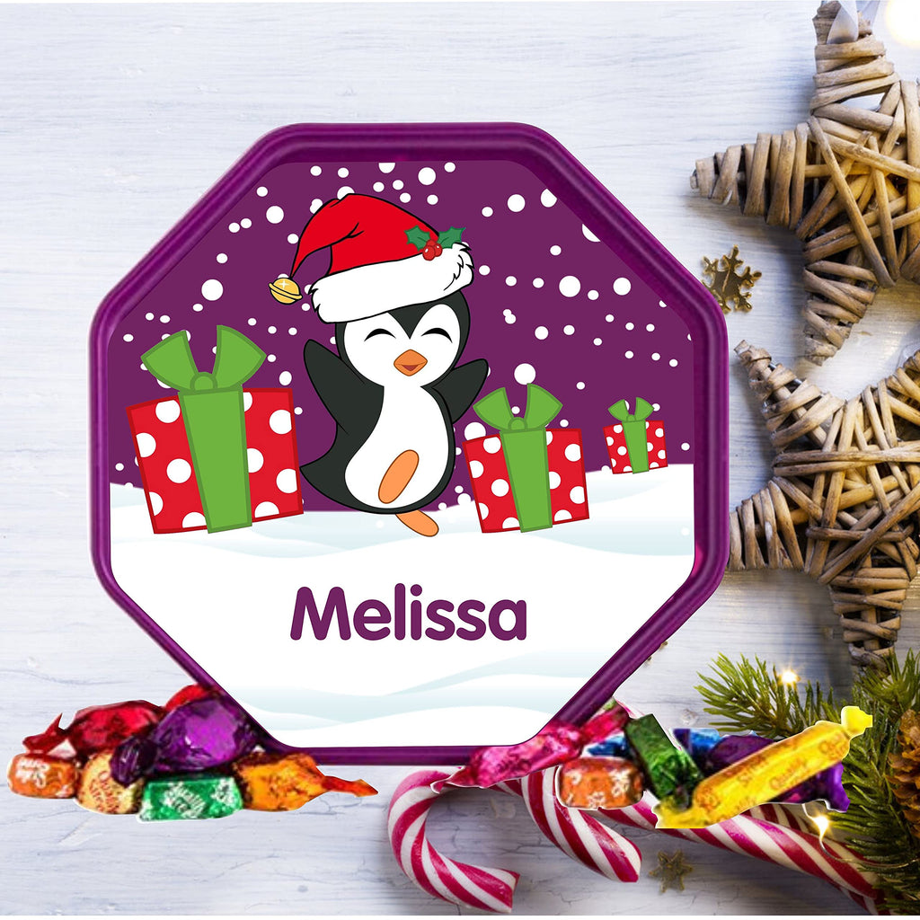 Personalised Penguin Design Label fits Quality Street Tub Christmas idea