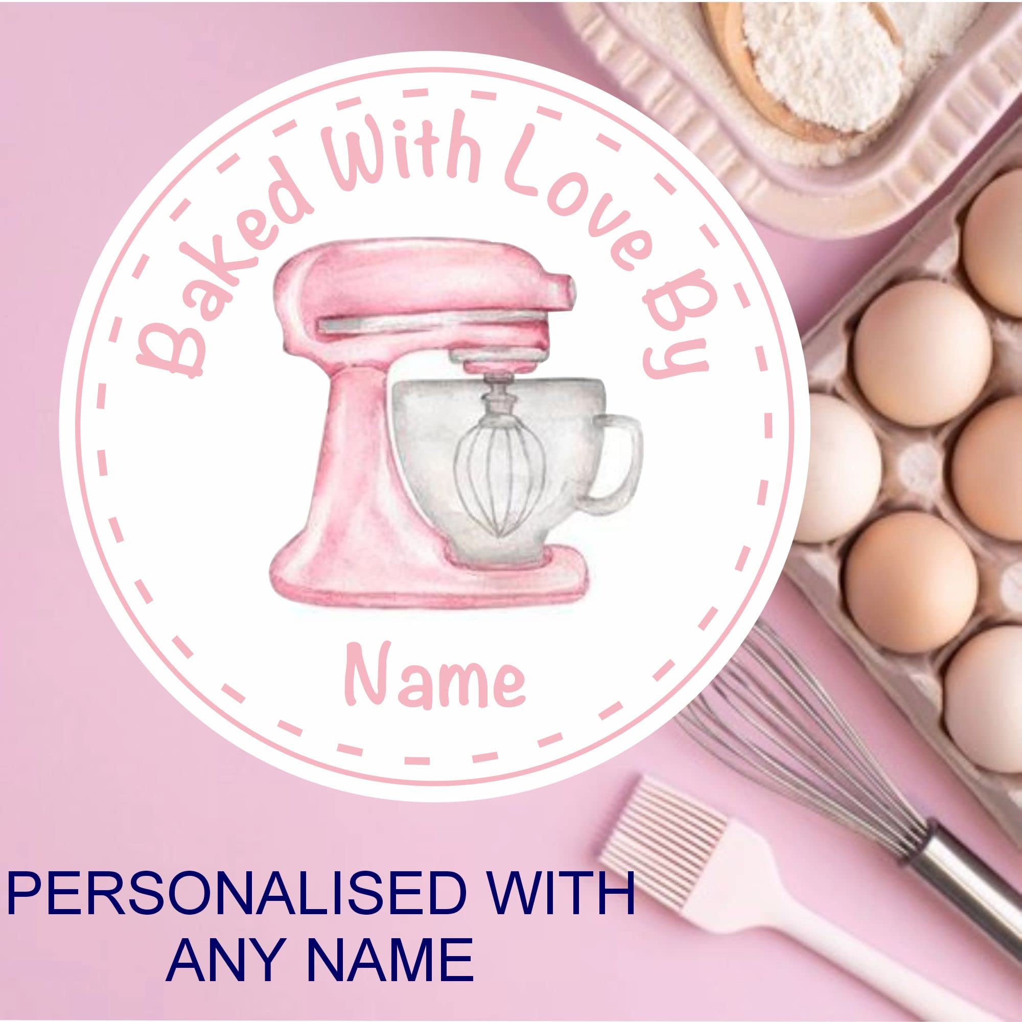 Personalised Home Baking Labels Design Pink Food Mixer Any Name Added Ideal for Home Bakes, Cookies, Cup Cake Boxes or Bags